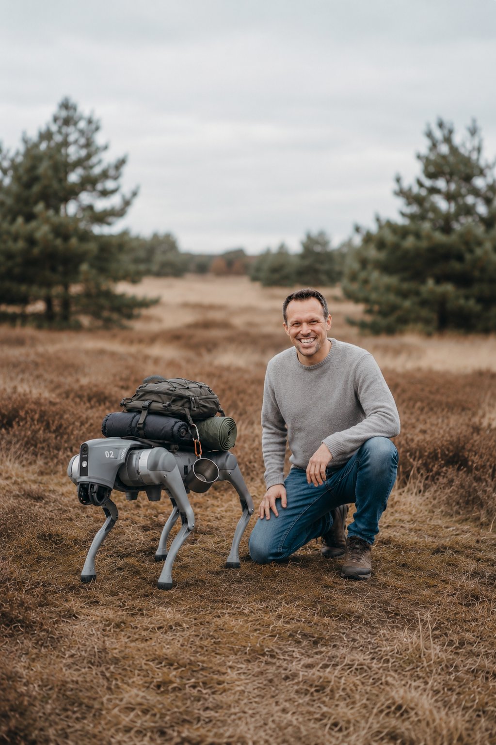 David Klapheck kniet neben einem Roboterhund (Robodog) mit Camping-Ausrüstung in der Heide – Stay human. Go future.